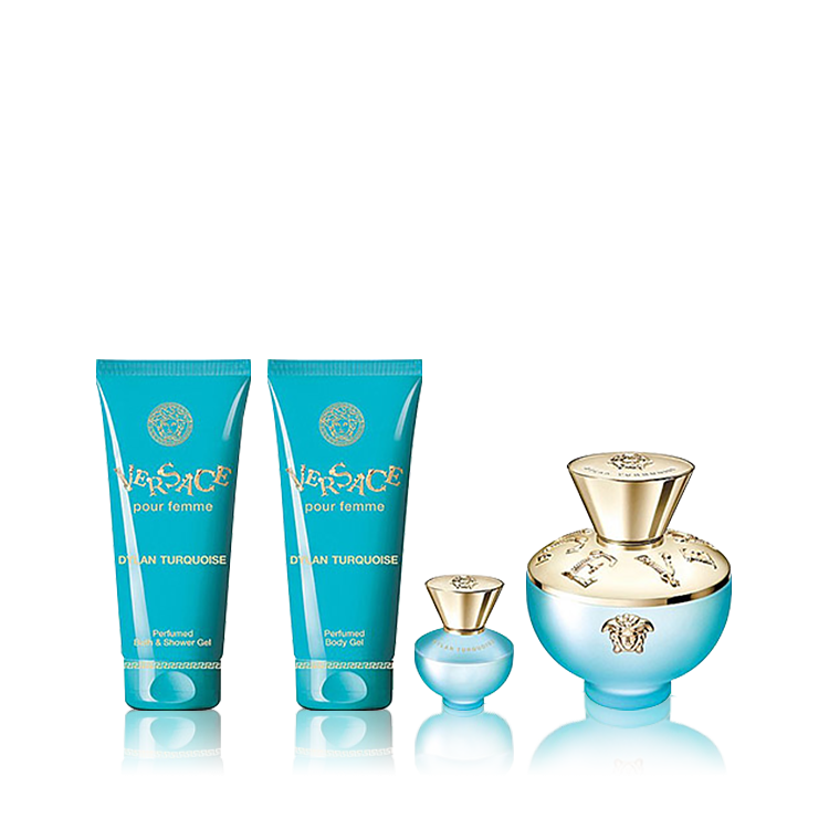 Versace Pour Femme Dylan Turquoise Geschenkset 100ml EDT + 100ml Douchegel + 100ml Body Lotion + 5ml EDT