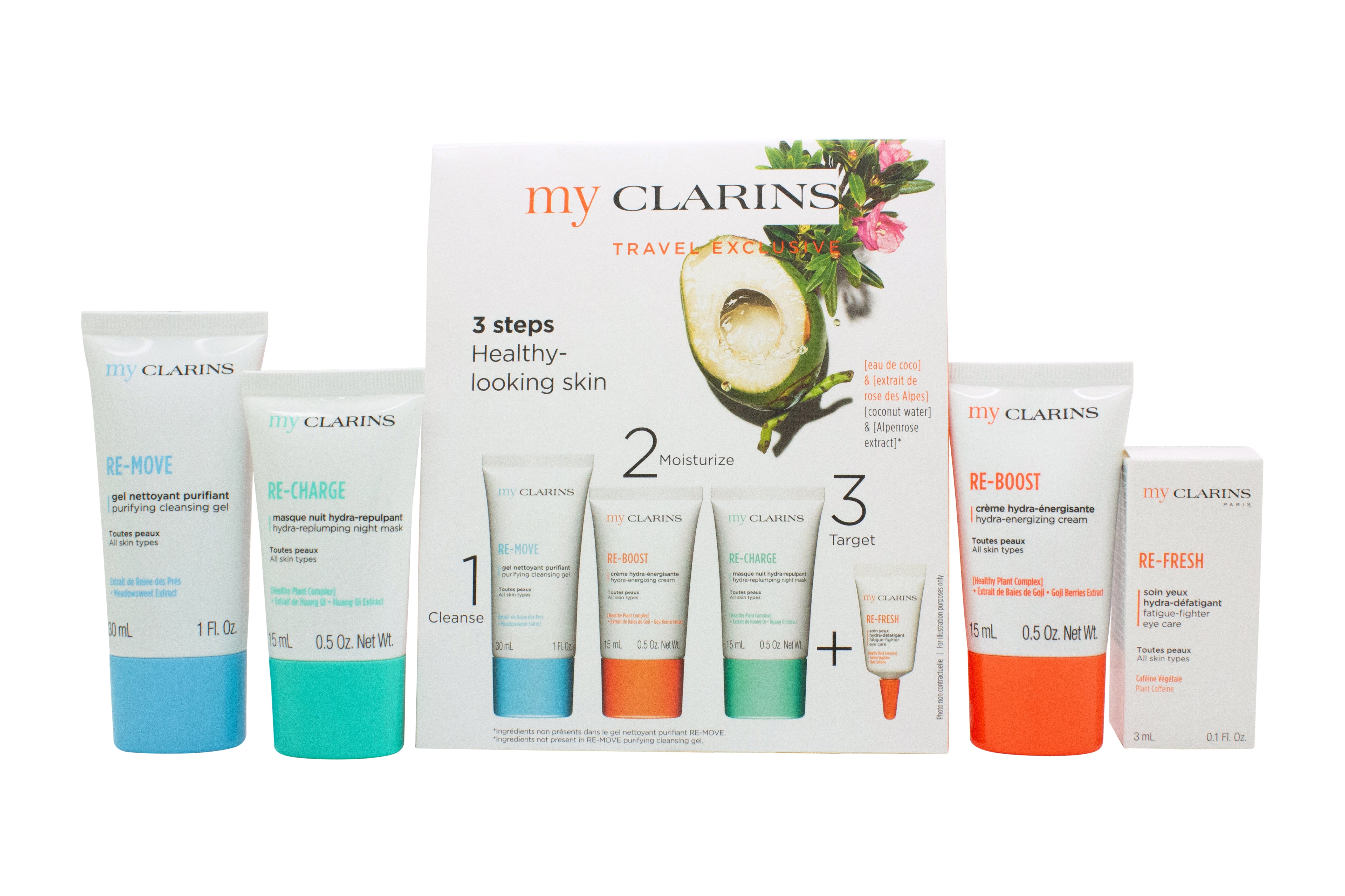 Clarins Grab And Go Geschenkset 	30ml Reinigingsgel + 15ml Reboost Crème + 15ml Recharge Masker + 3ml Oogbehandeling