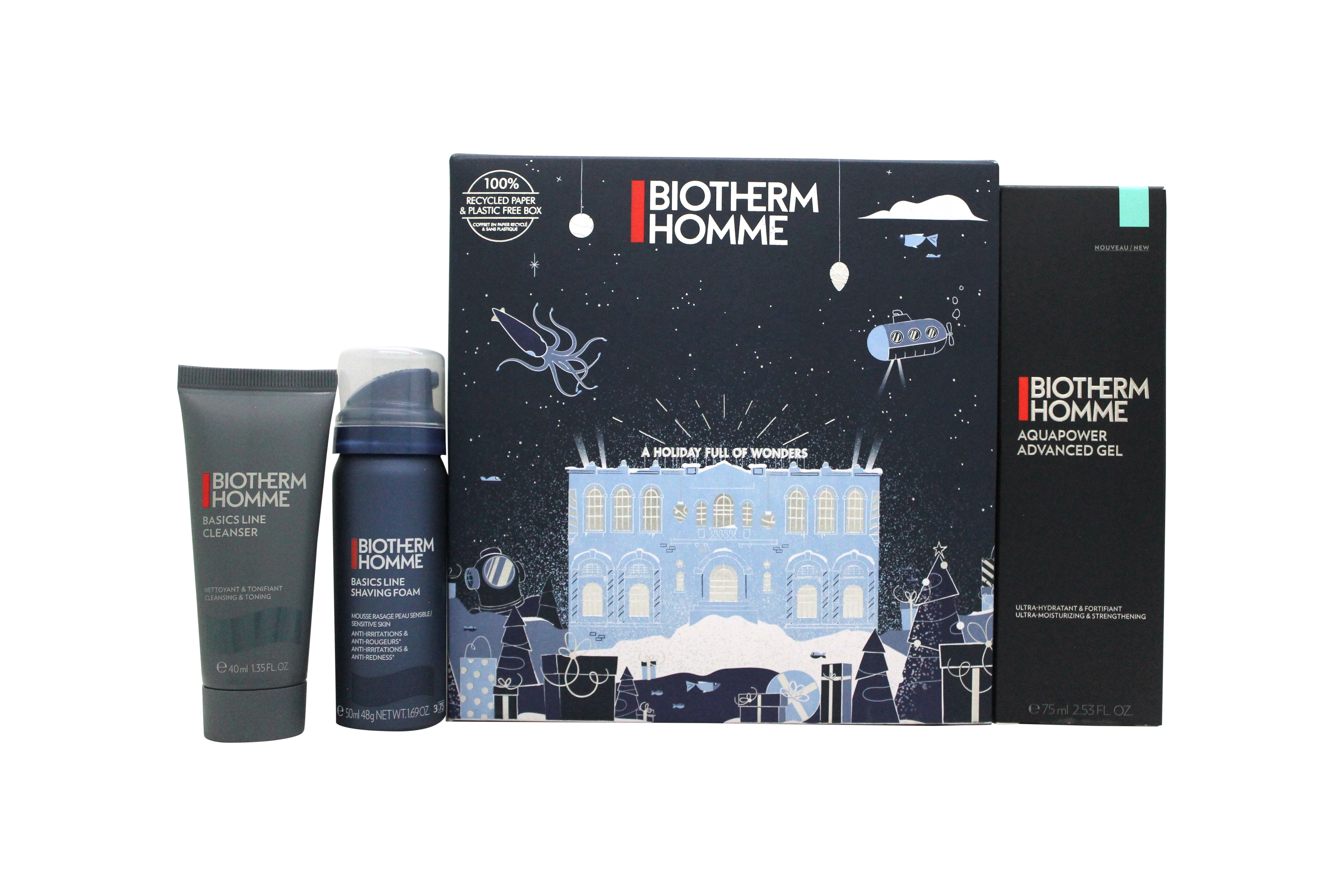 Biotherm Homme Aquapower Geschenkset 75ml Aquapower Advanced Gel + 4ml Basic Line Reiniger + 50ml Scheerschuim