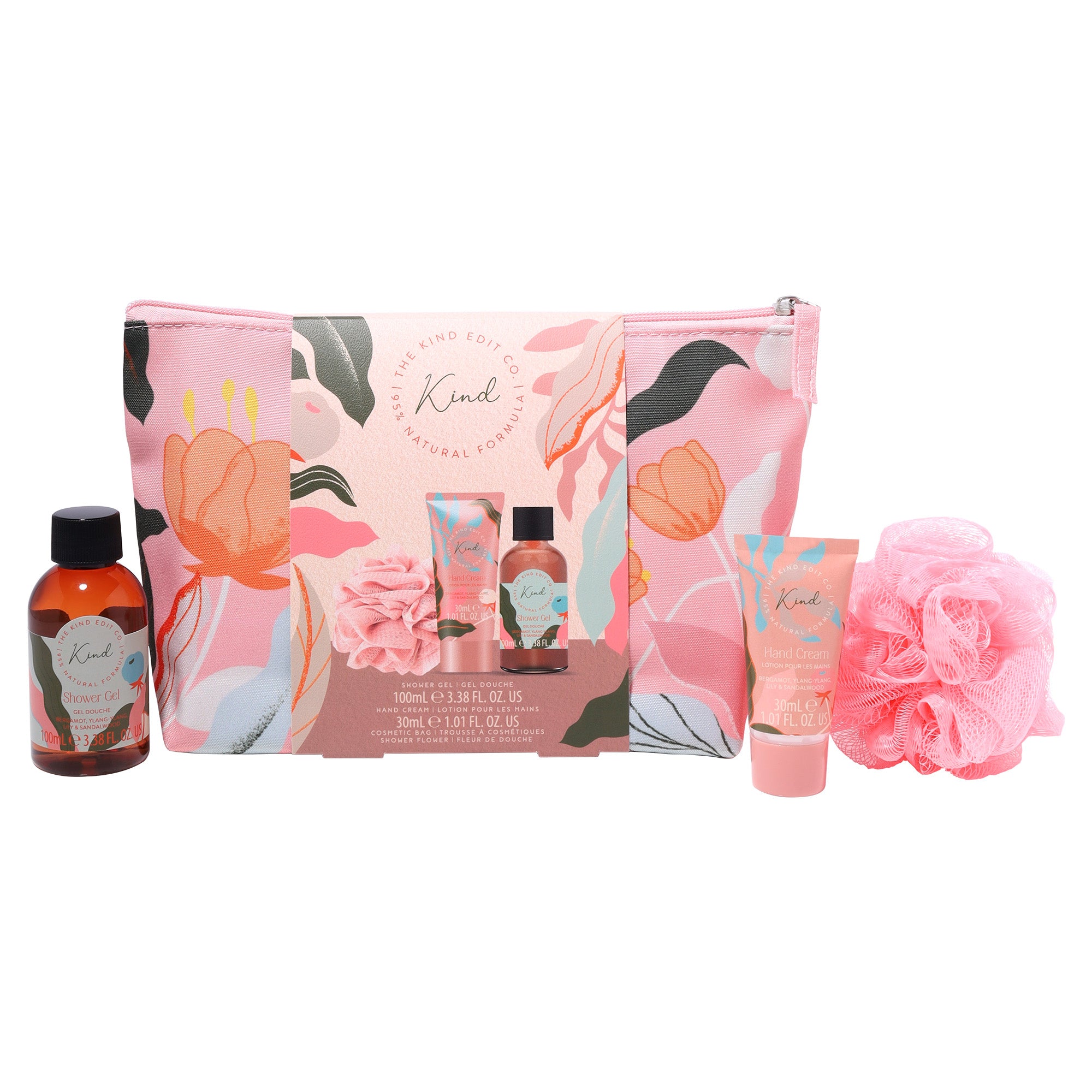 The Kind Edit Co Geschenkset Toilettas + 100ml Douchegel + 30ml Handcrème + Shower Flower