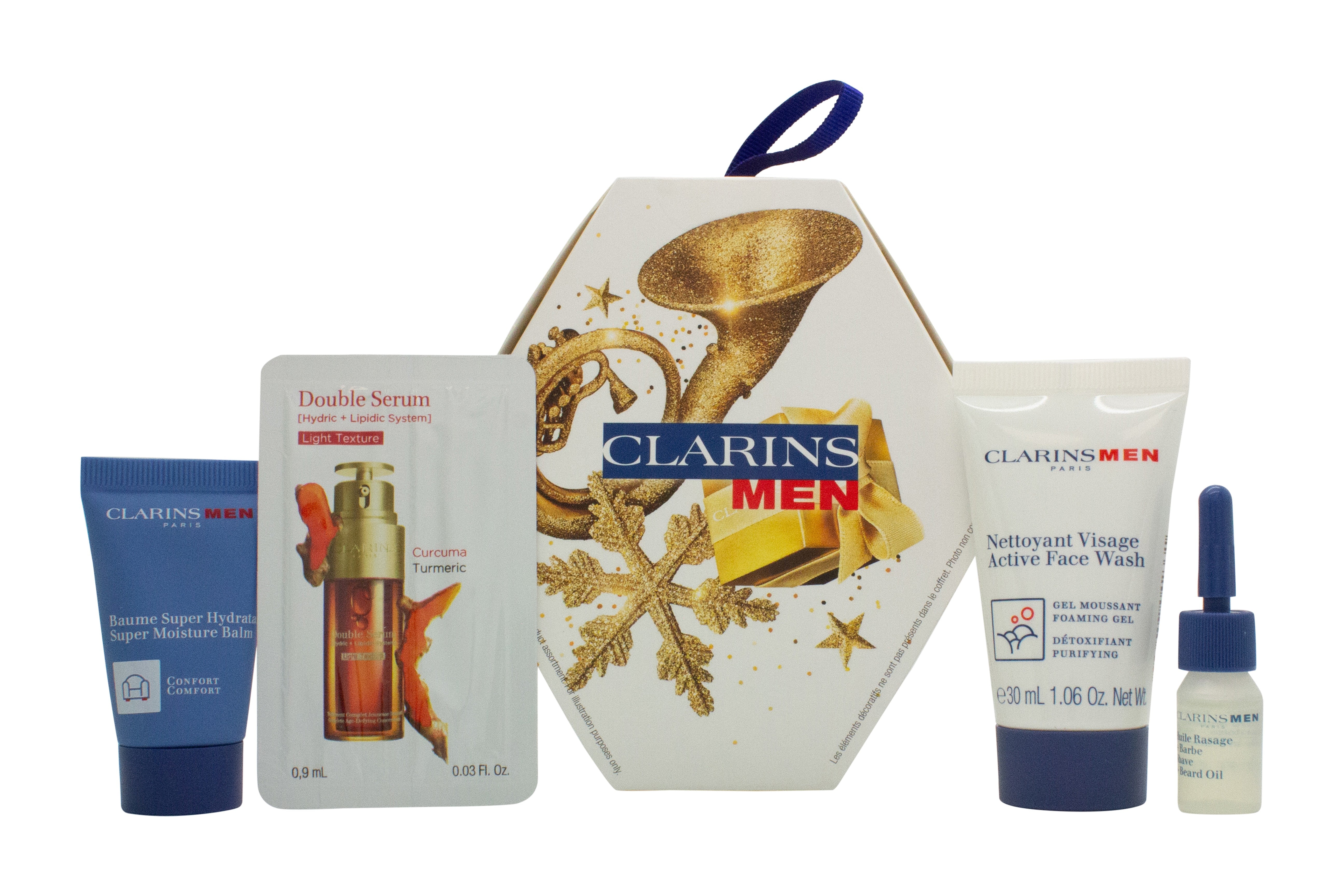 Clarins Men Geschenkset 30ml Active Gezichtsreiniger + 12ml Super Moisture Balsem + 3ml Sheer + Baardolie