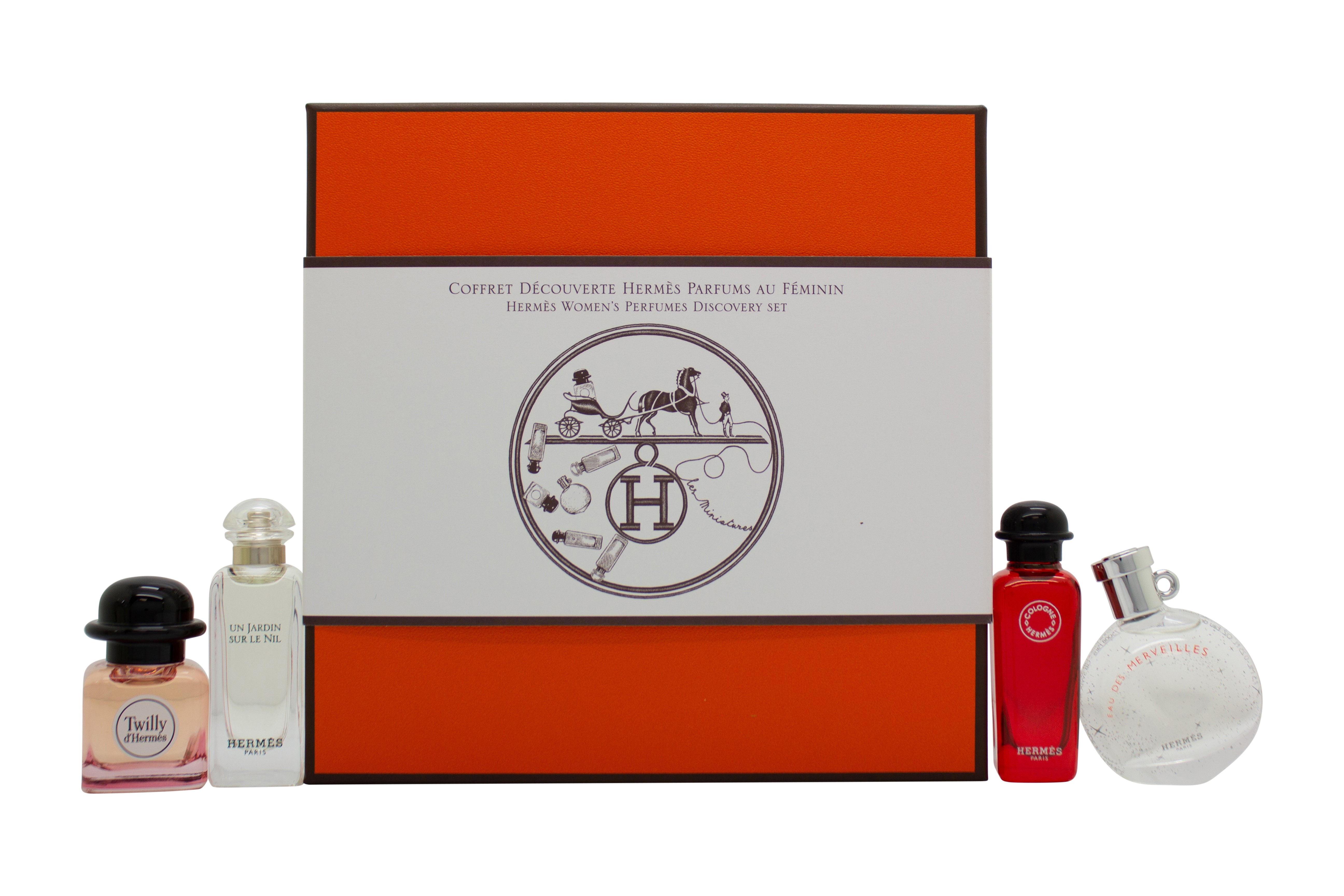 Hermès Miniature Geschenkset 7.5ml Un Jardin Sur Le Nil EDT + 7.5ml Eau des Merveilles EDT + 7.5ml Twilly d'Hermes EDP + 7.5ml Eau de Rhubarbe Ecarlate EDC