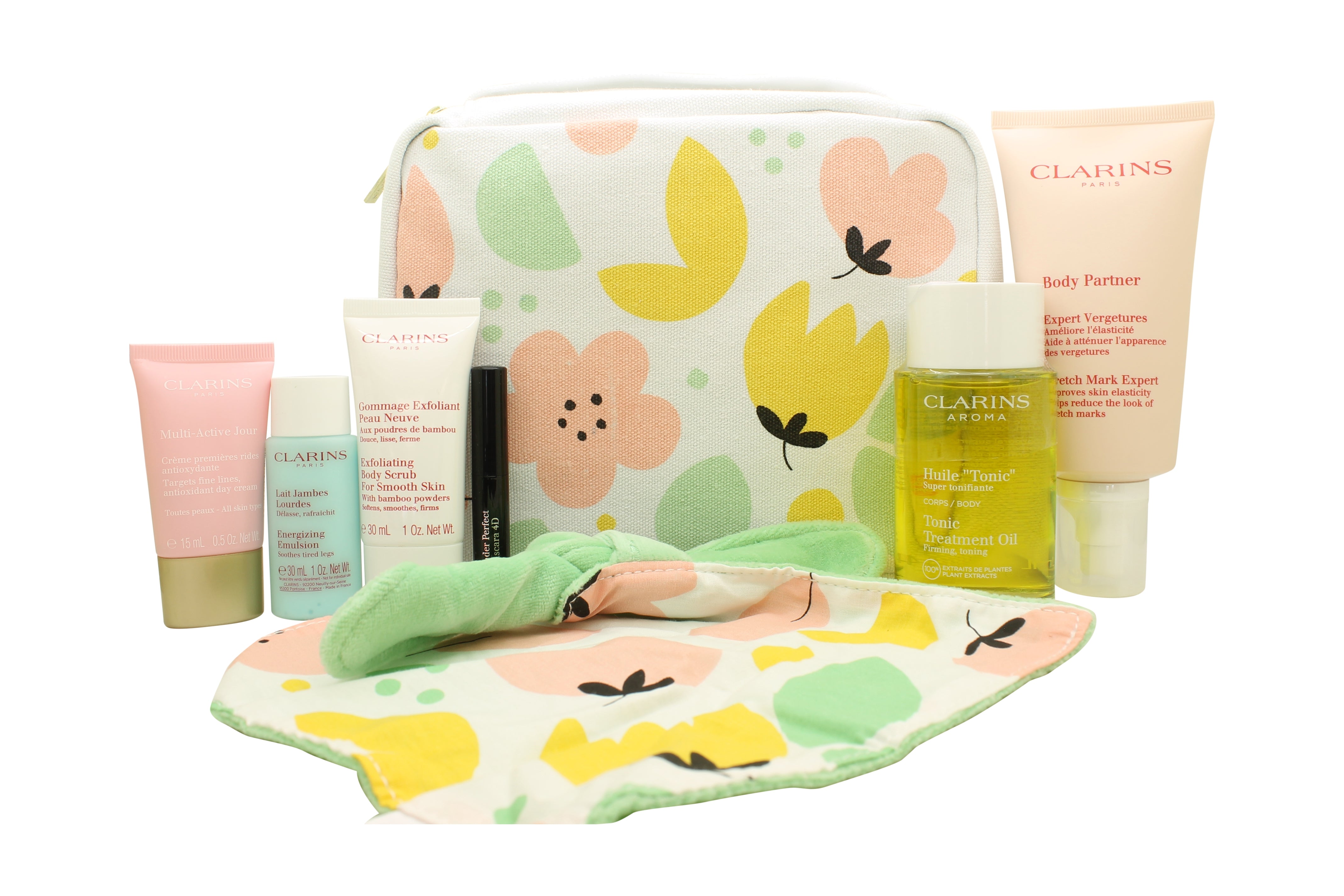 Clarins Beautiful Beginnings Geschenkset 175ml Stretch Mark Expert + 30ml Exfoliating Body Scrub + 15ml Multi-Active Dagcrème + 100ml  Tonic Treatment Oil + 3ml Supra Lift & Curl Mascara + Comforter