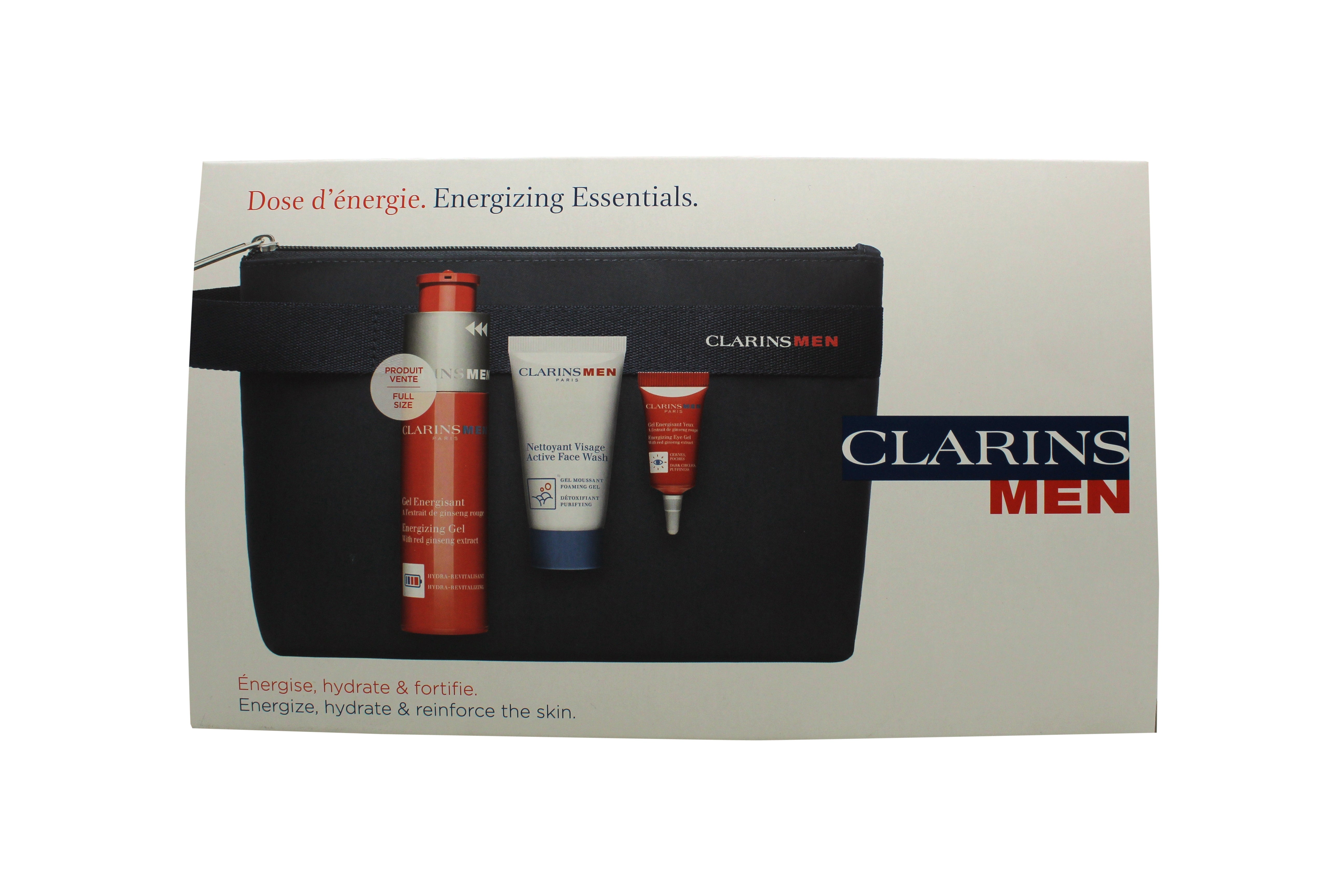 Clarins Men Geschenkset 50ml Energizing Gel + 3ml Energizing Ooggel + 30ml Active Face Wash + Toilettas