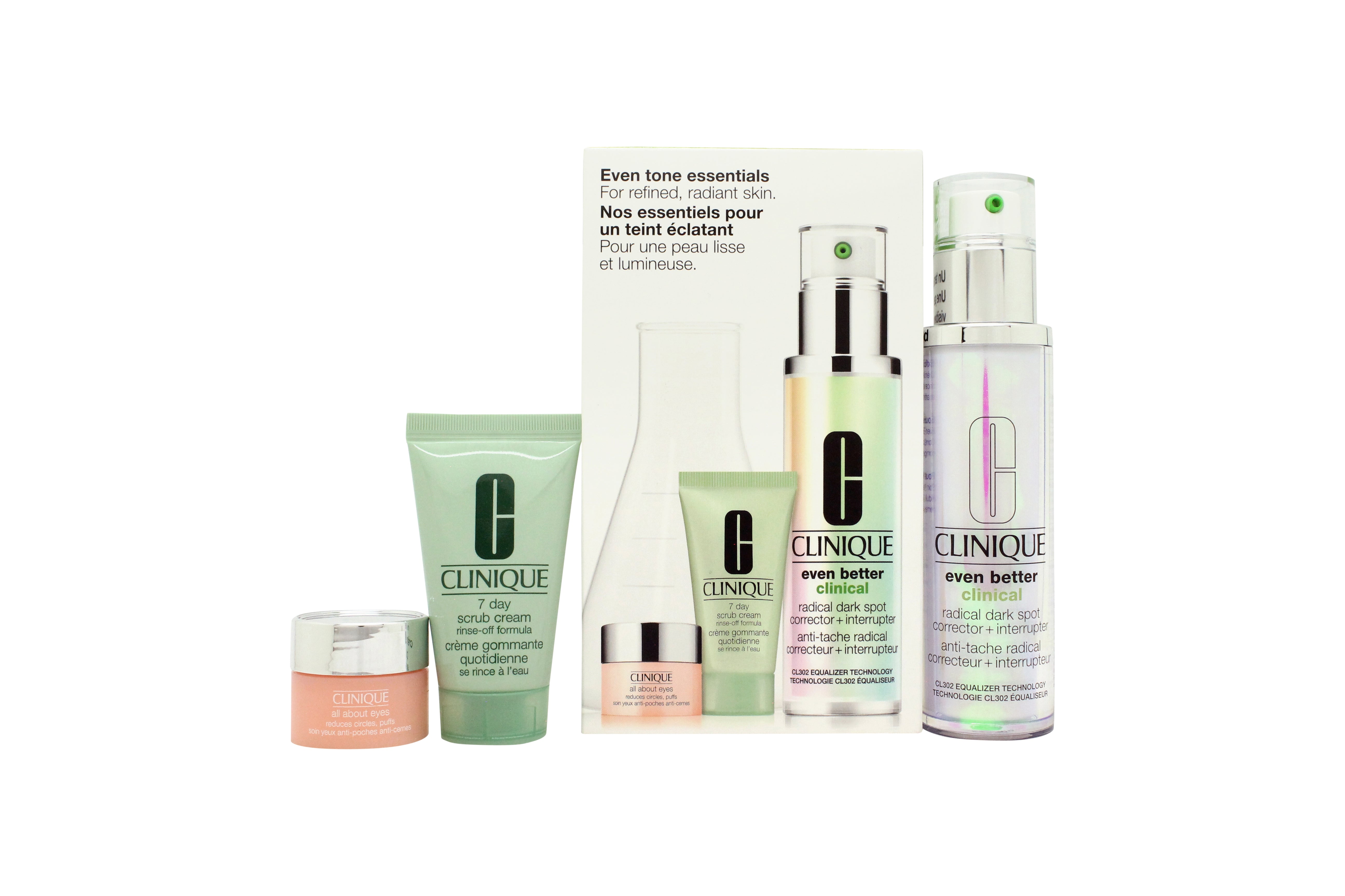 Clinique Even Tone Essentials Geschenkset 50 ml Even Better Clinical Radical Dark Spot Corrector + Interrupter + 30 ml 7 Day Scrub Cream + 5 ml All About Eyes