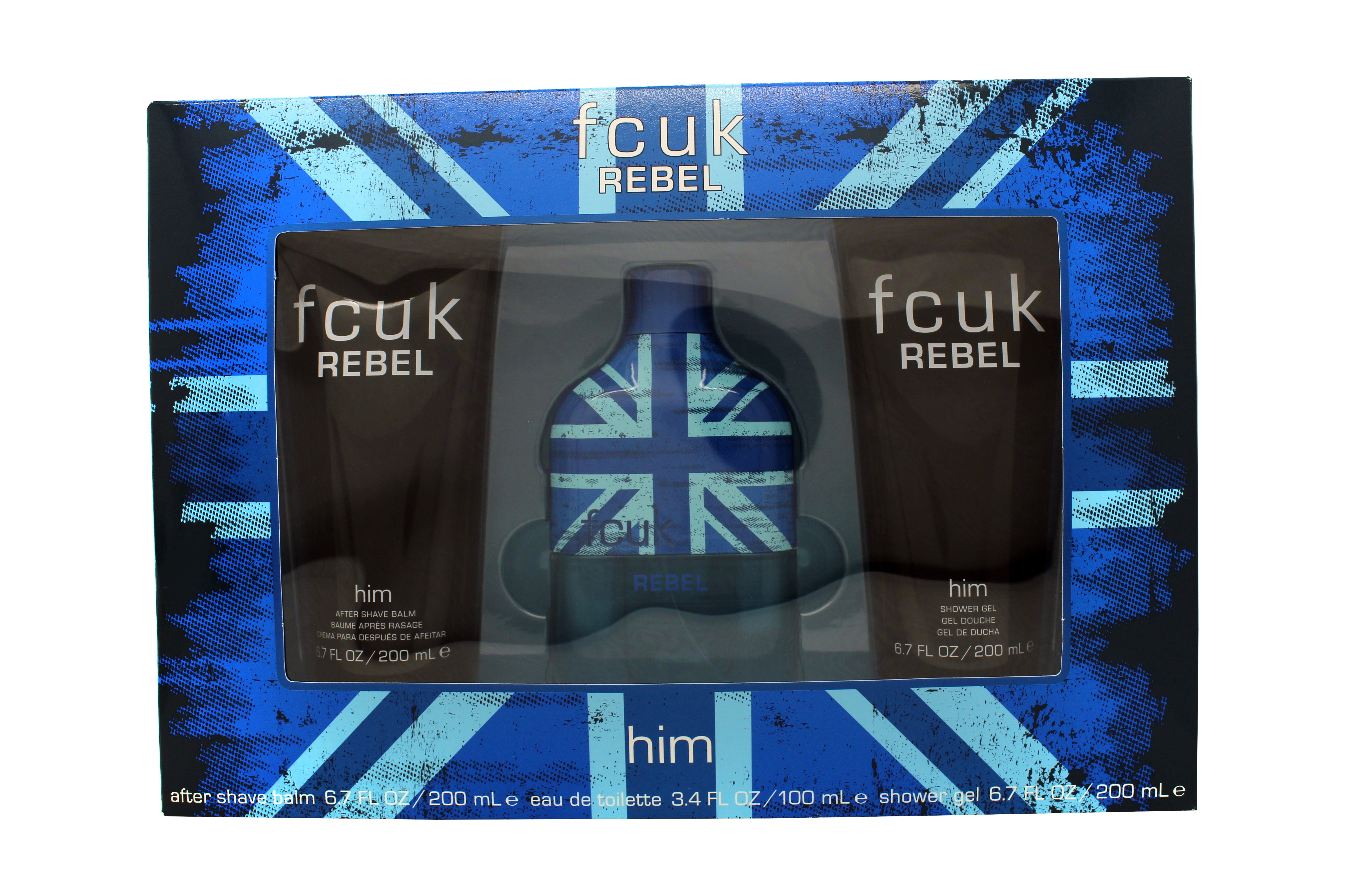 FCUK Rebel For Him Geschenkset  100ml EDT + 200ml Shower Gel + 200ml Aftershave Balsem