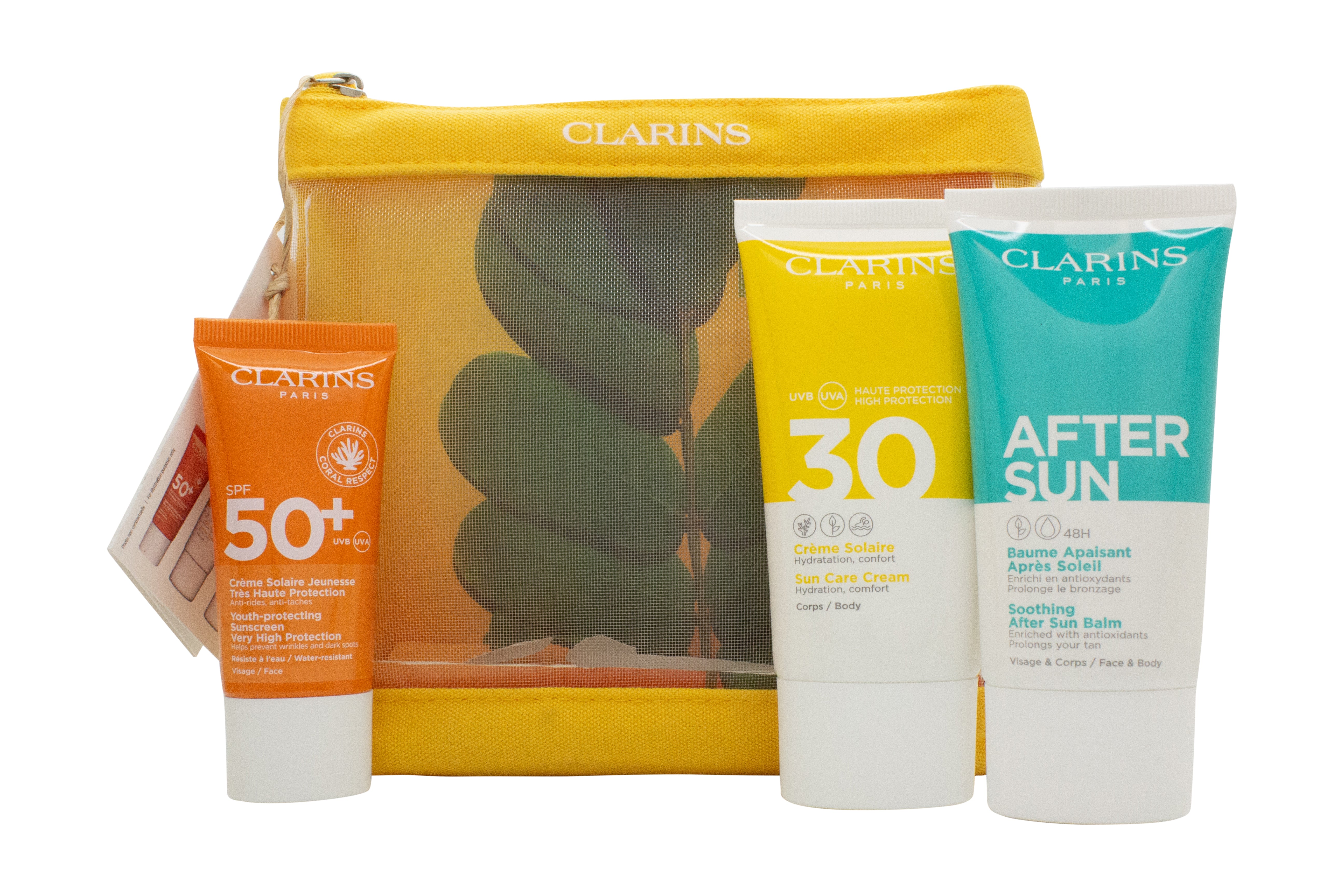 Clarins Essential Sun Care Travel Geschenkset 50ml Very High Protection Sun Cream SPF50 + 15ml Gentle Peeling + 75ml Soothing After Sun Balm