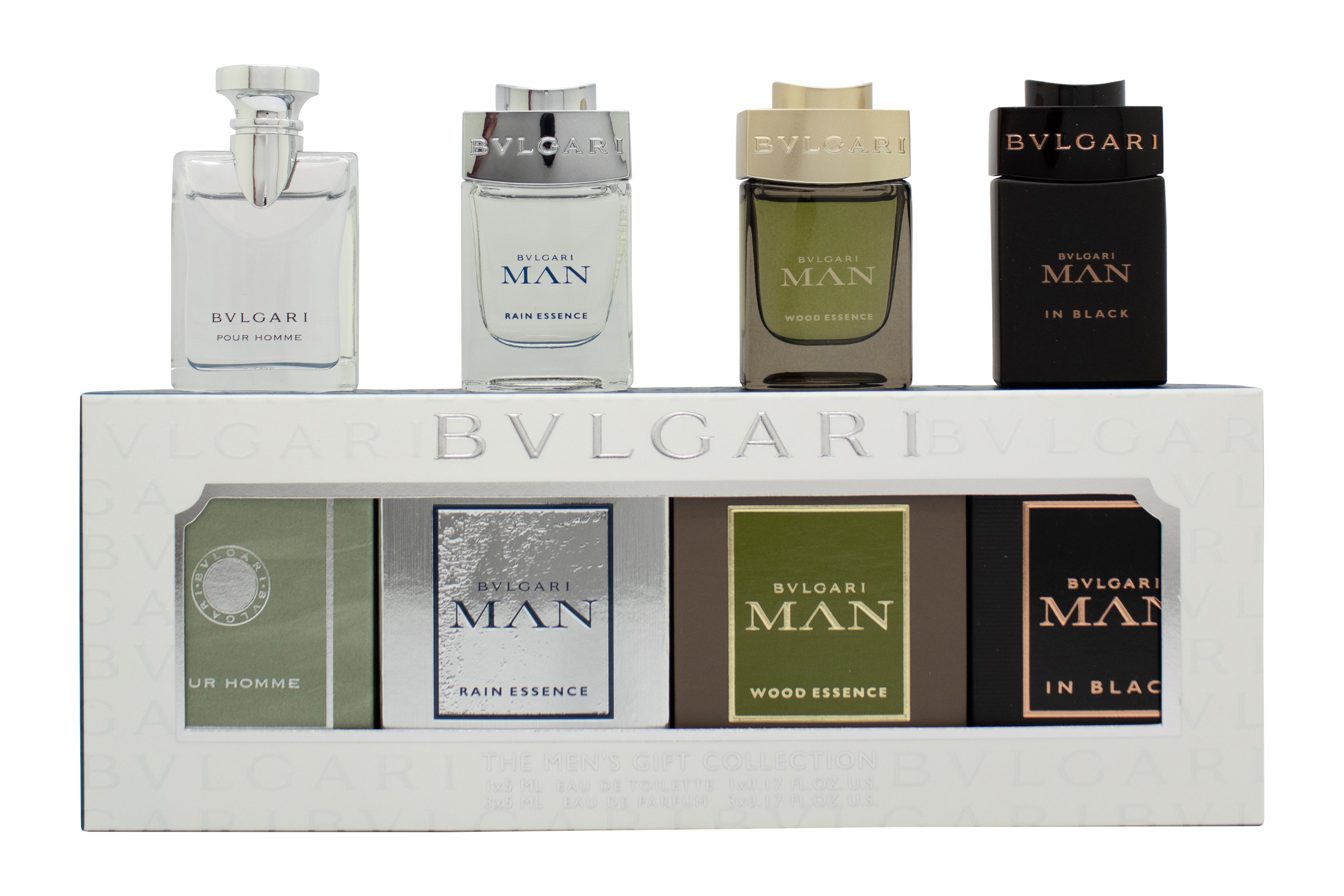 Bvlgari Miniatures For Him Geschenkset 5ml Pour Homme EDT + 5ml Man Rain Essence EDP + 5ml Man Wood Essence EDP + 5ml Man In Black EDP