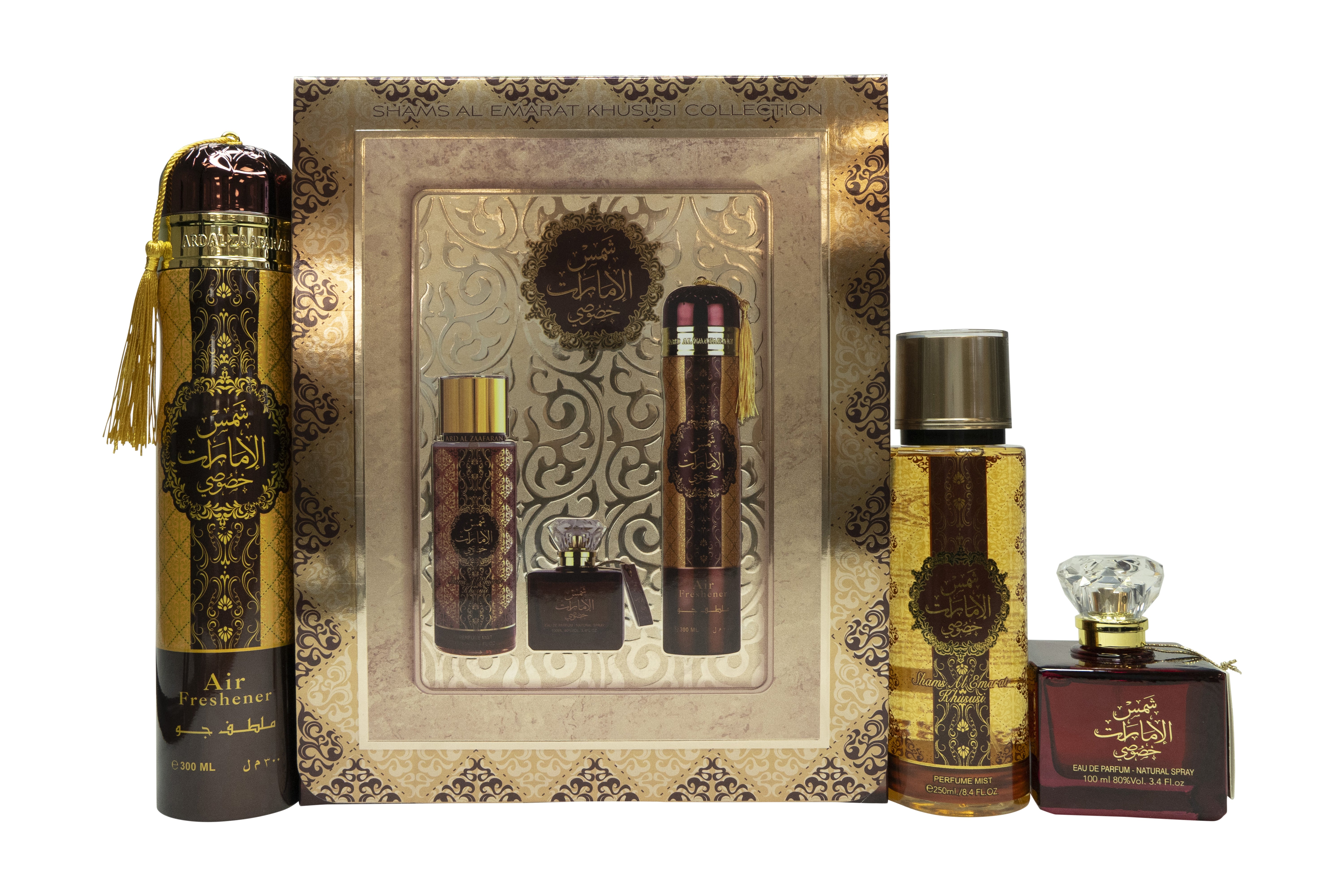 Ard Al Zaafaran Shams Al Emarat Khususi Geschenkset  100ml EDP + 250ml Body Mist + 300ml Luchtverfrisser
