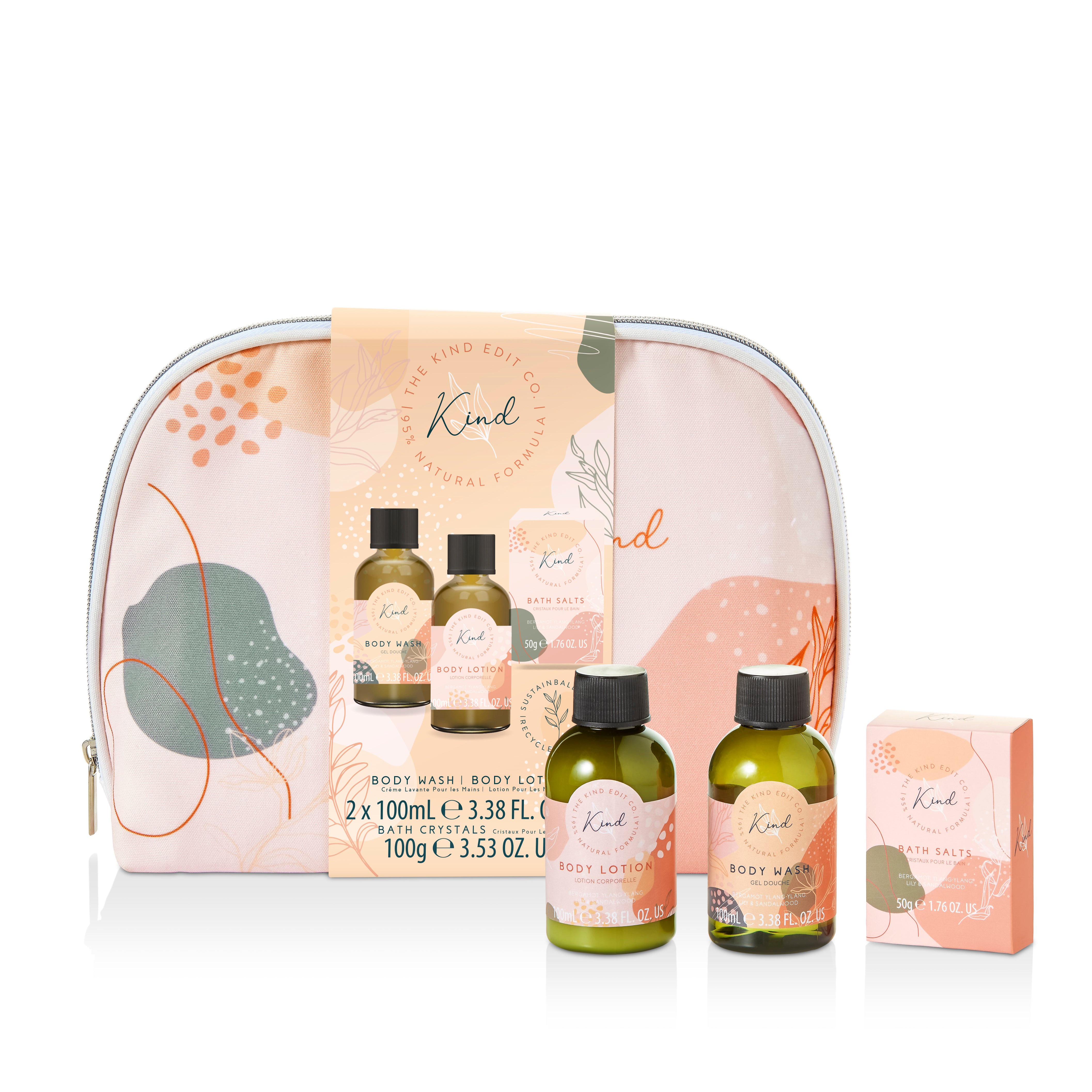 The Kind Edit Co. Kind Cosmetic Bag Geschenkset 100ml Body Wash + 100ml Body Lotion + 50g Badzout + Toilettas